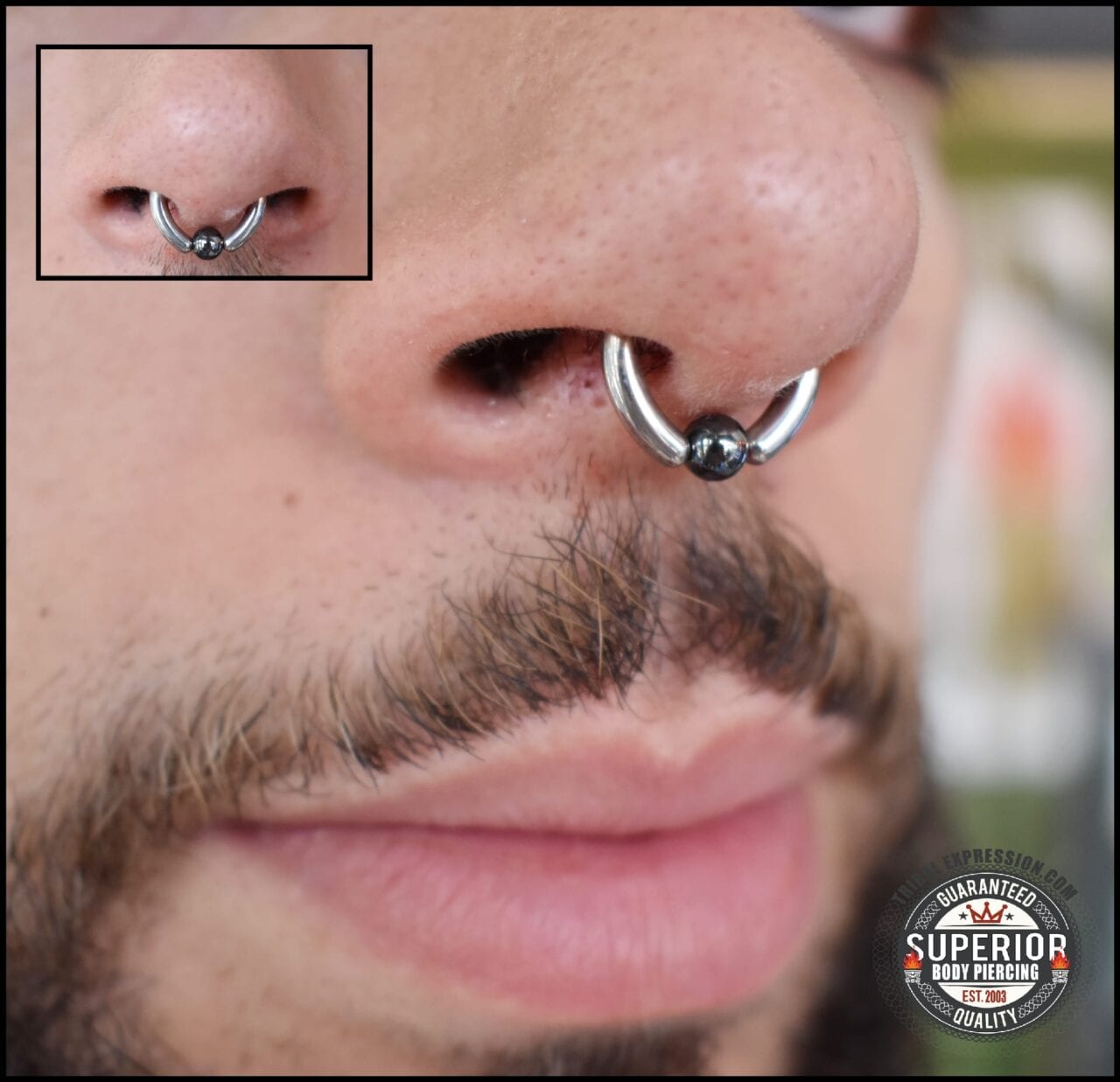 Men’s Septum Piercing with Plain Captive Bead Ring – Tribal Expression Calgary Side profile of a male with a beautifully centered septum piercing wearing a plain high-polish titanium captive bead ring, professionally done at Tribal Expression in Calgary