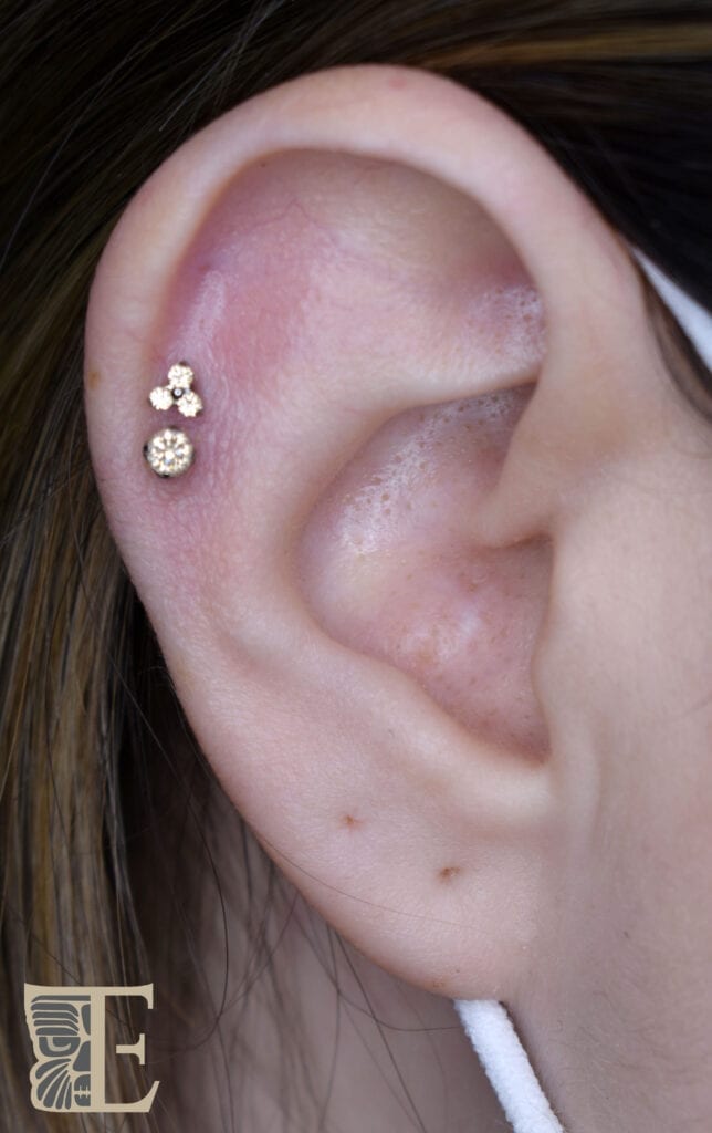 Close-up side profile of a double helix piercing featuring a small tricluster bead on one piercing and a handcrafted hammered gold disc on the other, custom made at Tribal Expression in Calgary.