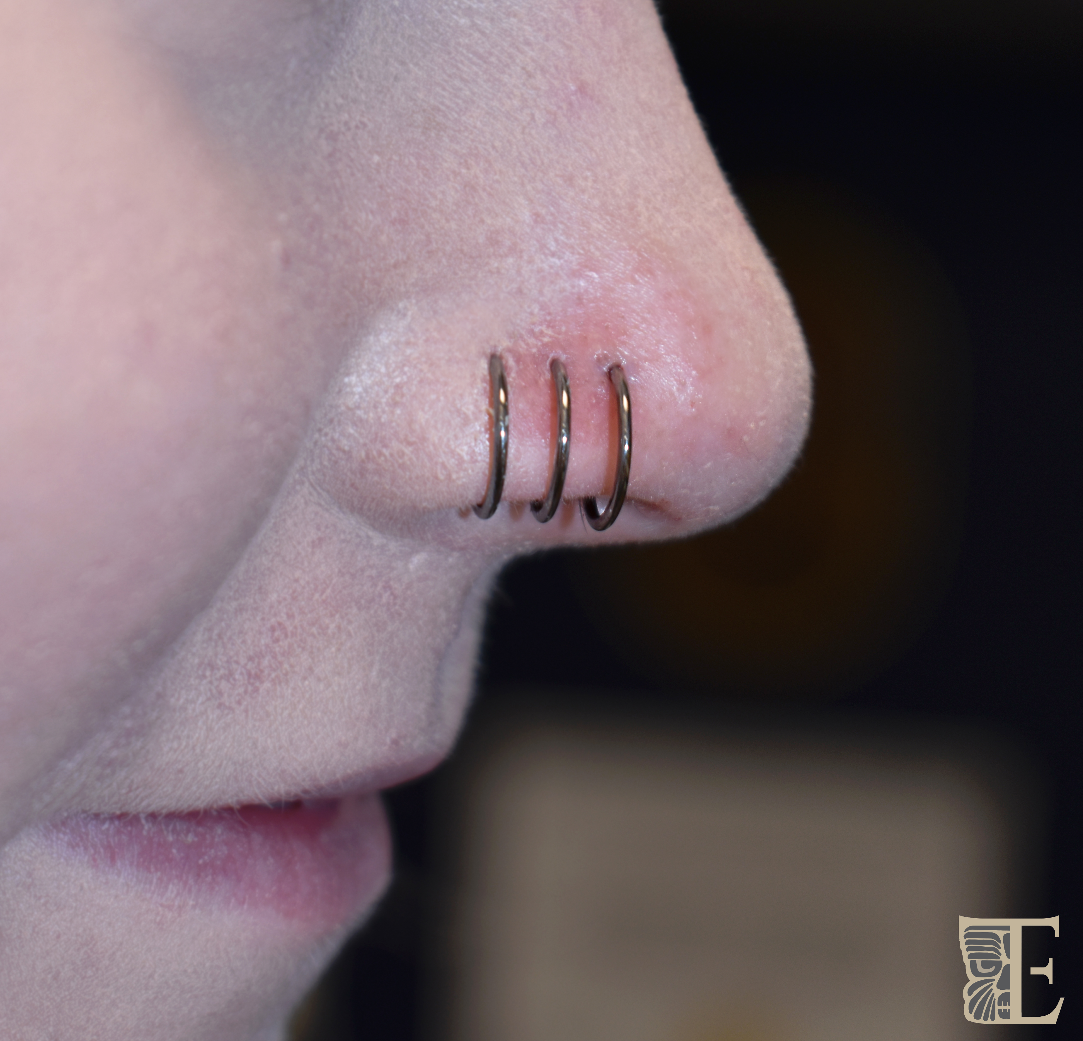 Close-up of a triple nostril piercing with three matching 18g high-polish titanium captive bead rings, custom made and installed at Tribal Expression in Calgary