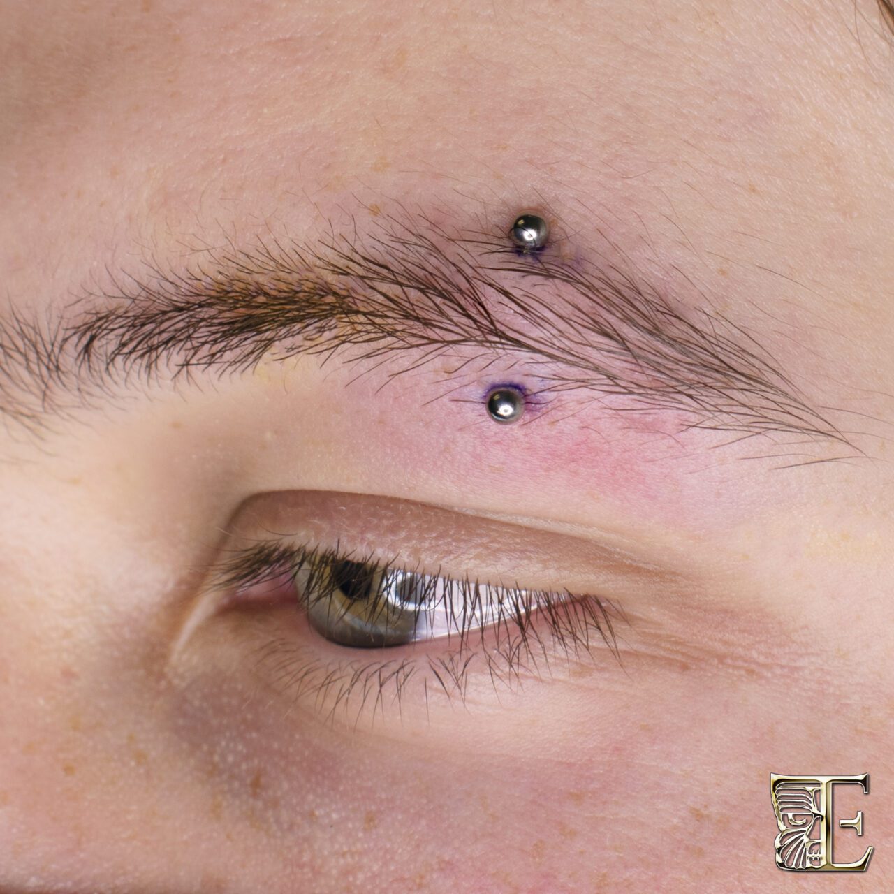 Eyebrow Piercing with Titanium Barbell and Glasses – Stylish Look from Tribal Expression Calgary Side profile close-up of an eyebrow piercing with a titanium barbell on a person wearing glasses, showing how stylish and glasses-friendly eyebrow piercings can be at Tribal Expression in Calgary