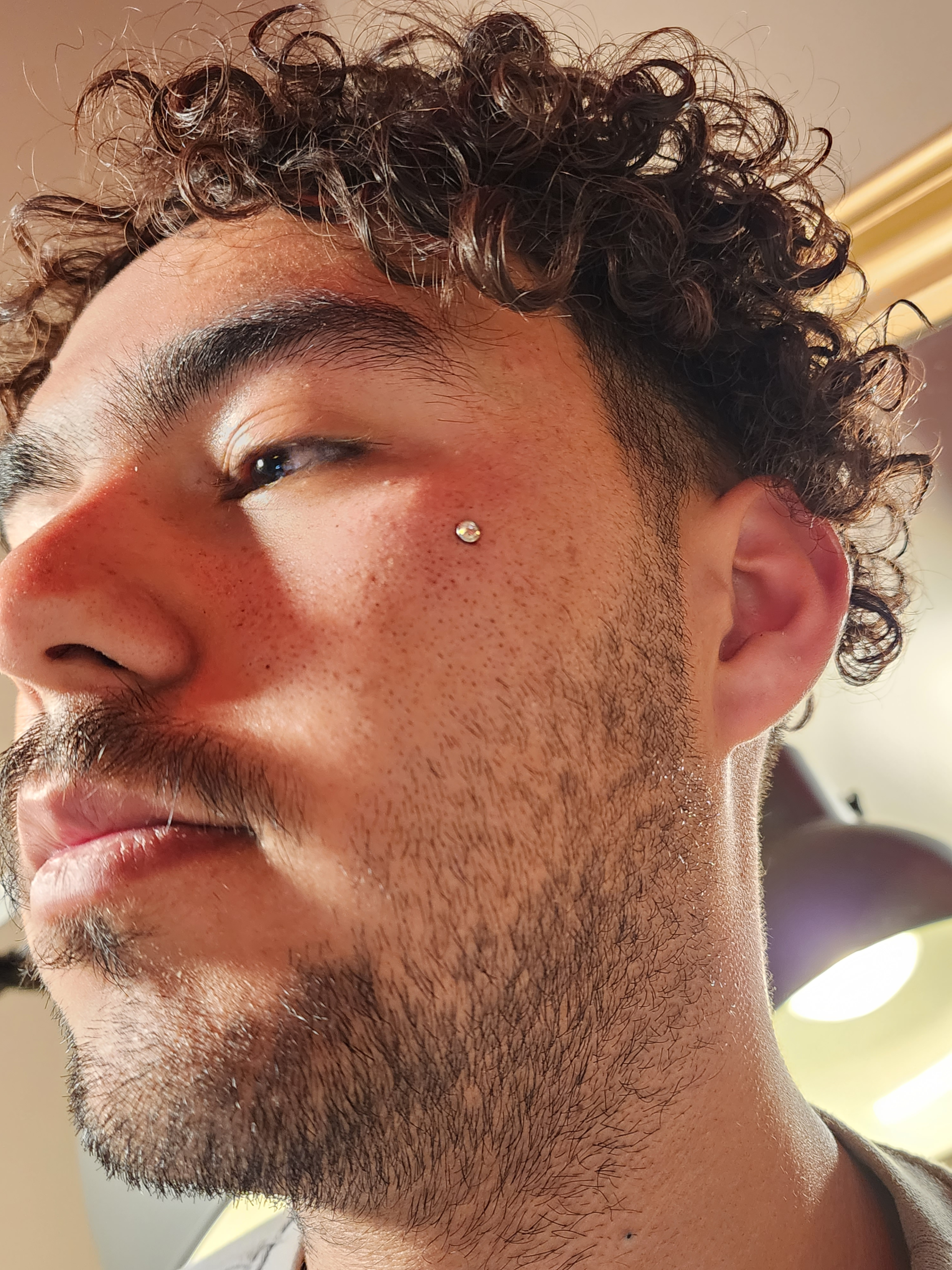 Teardrop-Style Dermal Anchor Below the Eye – Cheek Microdermal Piercing by Tribal Expression Calgary Side-profile close-up of a dermal anchor (microdermal piercing) placed just below the eye in teardrop position on the cheek, featuring a small decorative top, professionally done at Tribal Expression in Calgary