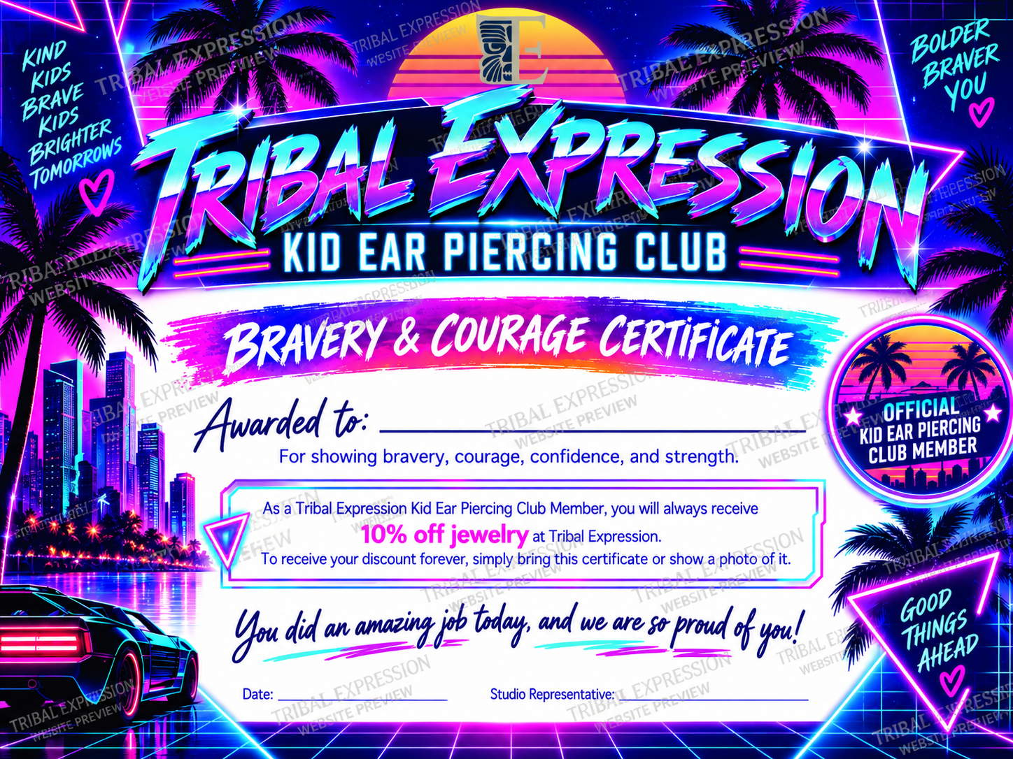 Tribal Expression Kids Club Ear Piercing Certificate Tribal Expression Kids Club certificate given after a children's ear piercing appointment