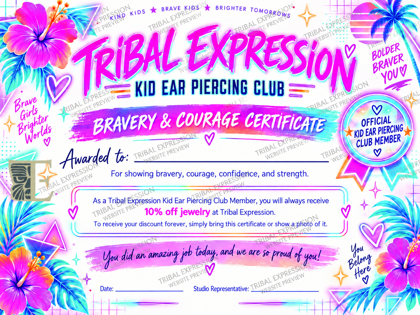 Tribal Expression Kids Club Ear Piercing Certificate